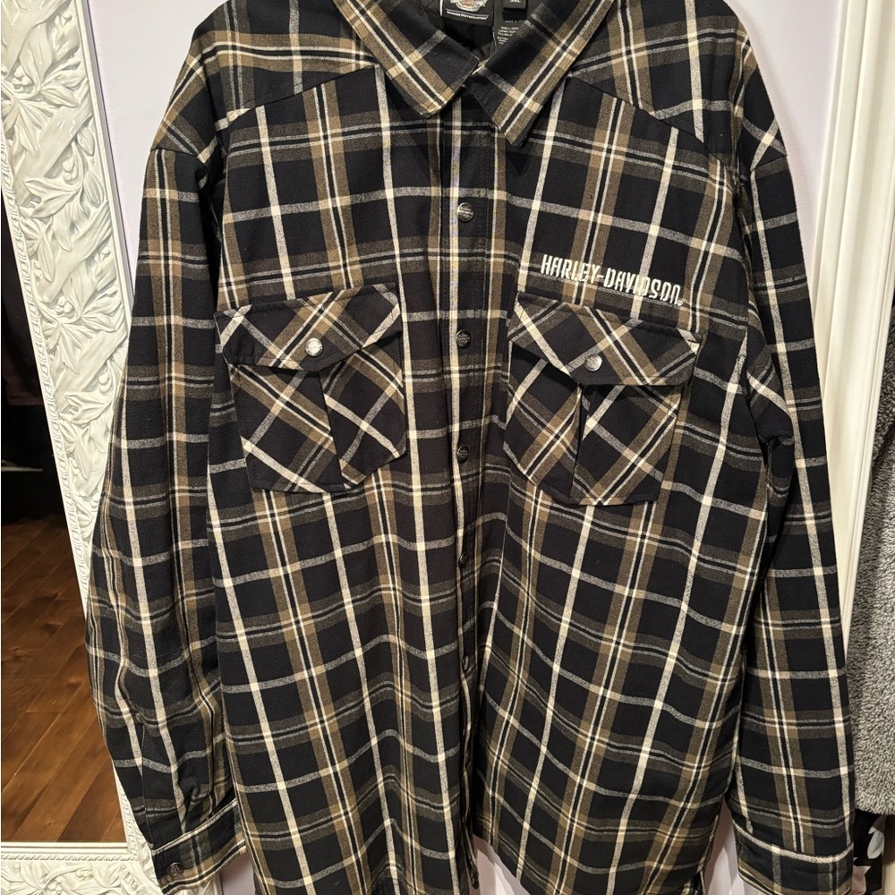 Harley-Davidson Black and Khaki Green Quilted Flannel Plaid Jacket 3xl